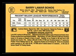 lot 87 image: 1987 Donruss Barry Bonds Rookie Card #361