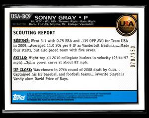 lot 122 image: 2010 Bowman Chrome Blue Refractor Sonny Gray Rookie Card Serial #70250