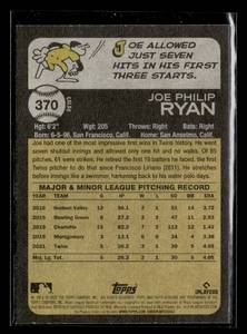 lot 128 image: 2022 Topps Heritage Color Variation Joe Ryan Rookie Card #370