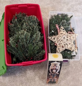 lot 109 image: Two Bins of Christmas Trees and Dcor Includes 20 Nutcracker