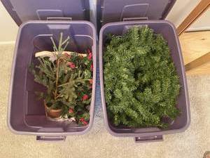 lot 114 image: 2 Bins of Christmas Wreathes and Easter Dcor