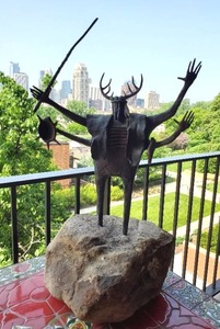 lot 1 image: Bill Worrell Masked Caped Shaman With Spear Sculpture