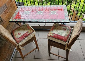 lot 300 image: Outdoor Bar Height Patio Mosaic Table With Two Barstools