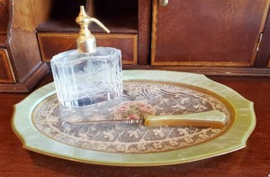 lot 331 image: Glass Tray With Needlepoint And Perfume Bottle