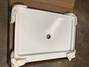 lot 46 image: Delta Classic 500 48 in. L x 34 in. W Alcove Shower Pan Base with Center Drain in High Gloss White Customer Returns See Pictures