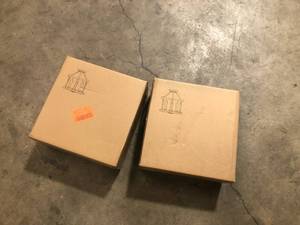 lot 49 image: 2 Lots of LNC Modern Farmhouse Brown Drum Semi Flush Mount 3-Light Faux Wood Textured Candlestick Bedroom Living Room Ceiling Lighting  Customer Returns See Pictures