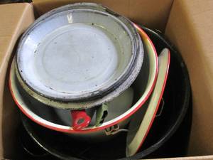 lot 84 image: enamel canner , plates and pots ...