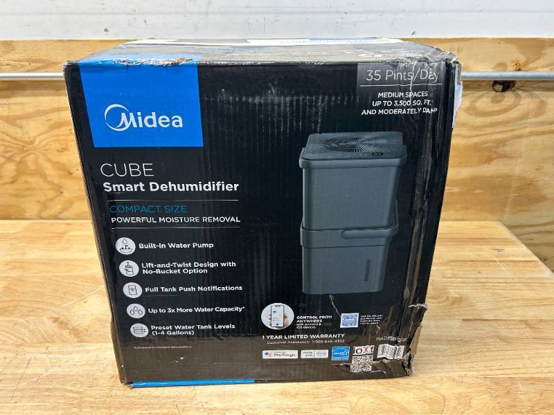 lot 13 image: MIDEA Cube Dehumidifier with Pump and Drain Hose - 35 Pint Smart Dehumidifier for Basement and Spaces up to 3,500 Sq. Ft. with Timer, Humidity Control, Energy Star Rated, Washable Filters, Grey