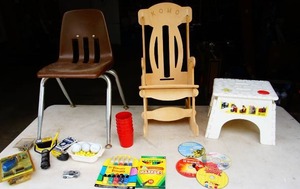 lot 40 image: KOMO Custom Childs Wood Rocker, Plastic School Chair, Toys