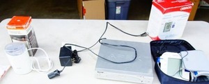 lot 61 image: Omron Blood Pressure Cuff, Lowrence Fish Locator Charger(Only), Krups Touch-Top Coffee Mill, APEX Portable DVD Player