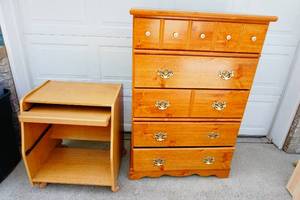 lot 71 image: Tallboy Chest of Drawers 36 x 54 x 19, Vintage Portable Desk on Wheels with Pullout Padded Armrest 26 x 22 x 30