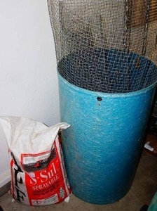 lot 92 image: Bag of Ammonia Sulfate, Fencing, Fiberglass Drum Barrel...