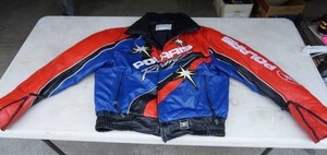 lot 130 image: Mens Large Polaris Racing Leather Jacket with Zipper Sleeves and Banded Waist