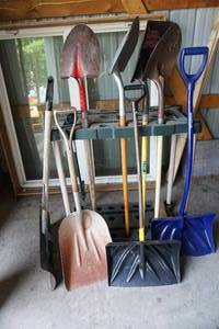 lot 145 image: Garden Tool Organizer Rack , Shovels Etc. Included