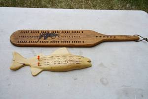 lot 154 image: (2) Cribbage Boards, Fish 17 Inches, Paddle with Carved Tree 31 Inches