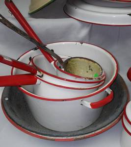 lot 375 image: White And Red Enamel Ware.