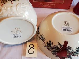 lot 36 image: #8 Lot, Lenox Winter greetings Cookie Jar & Bowl, etc.