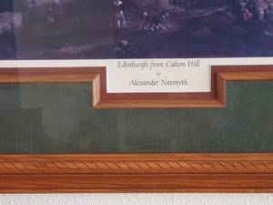 lot 40 image: Edinburgh from Calton Hill by Alexander Nasmyth, 39.25 x 32.25 frame, purchased at Edinburgh, Scotland. The print has a beautiful double wood frame.