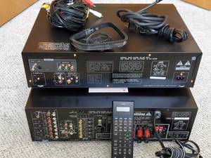 lot 116 image: JVC Remote Controlled Home Theater Rec-Amp-DVD, includes JVC Amplifier-Receiver, Model RX-7010VBK and JVC DVD Player, Model XV-M50BK, with much wiring included.