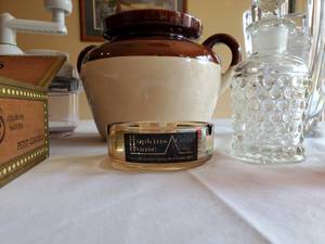 lot 141 image: Misc. Lot, Bean Jar, Hopkins House Ash Tray, etc. Tiny chip on bean jar.