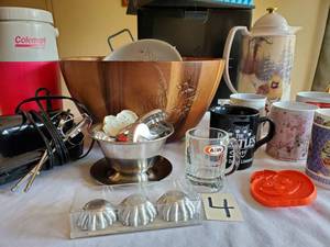 lot 143 image: #4 Misc. Lot, Large Wood Bowl, Mixer, etc.
