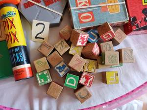 lot 147 image: #2 Games, etc. Old Blocks, Barbie Hula Hoop, fun lot.