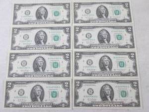 lot 212 image: (CNTR) 8 - $2 Dollar Bills - Serial...