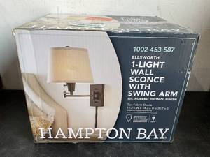 lot 28 image: Hampton Bay Ellsworth 1-Light Oil Rubbed Bronze Swing Arm Plug-In Wall Lamp with Fabric Shade