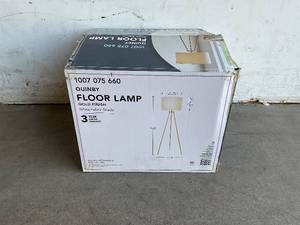 lot 120 image: Hampton Bay Quinby 58 in. Gold Tripod Floor Lamp with White Fabric Shade