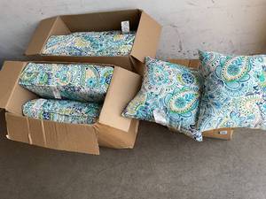lot 137 image: LOT OF 2 Baltic Paisley Square Outdoor Throw Pillow AND LOT OF 3 Deep Seated Cushion SETS.