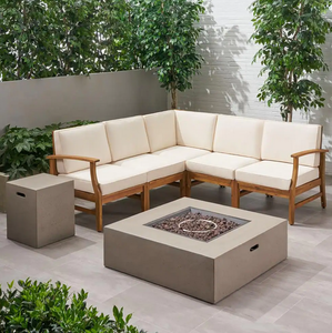 lot 3 image: Nobel House Illona Teak Brown 8-Piece Wood Patio Fire Pit Sectional Seating Set with Cream Cushion
