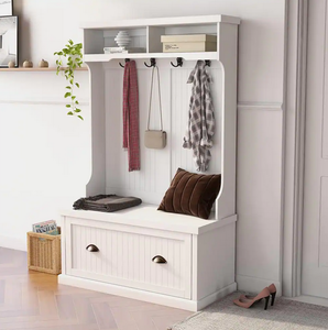 lot 11 image: QuallerWhite Entryway Hall Tree with 4-Hooks and Storage Bench