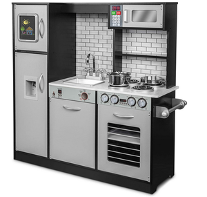 lot 56 image: Lil Jumbl Kids Kitchen Set, Pretend Wooden Play Kitchen, Battery Operated Icemaker & Microwave with Realistic Sound, Pots & Pan Included - Charcoal