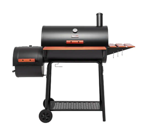 lot 63 image: Barrel Charcoal Grill in Black with Offset Smoker, 811 sq. in. Cooking Space, Wood-Painted Side Table