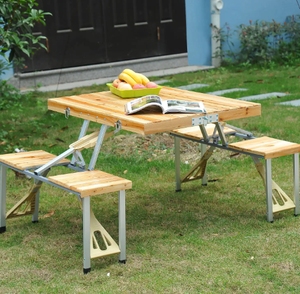 lot 123 image: Outsunny 4-Person Wooden Portable Picnic Table Set with Umbrella Hole and Folding Suitcase Design 4 Chairs