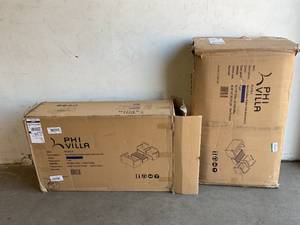 lot 153 image: PHI VILLA Black 4-Piece Outdoor Dark Brown Wicker Conversation Set with Blue Cushions