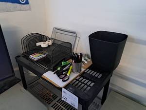 lot 1065 image: Lot of  Office Supplies - Paper Filers, In-Out Tray, Plastic Waste Can, Markers, Hiliters, Scissors, Stapler, Pen Caddy, Clip Boards, Misc. Supplies