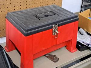 lot 1112 image: Uline Plastic Tool Box Storage Stool with Hand Tools and Hardware - Mallets, Master Lock, Wing Nuts, Flat Head Phillips #10-24x1 Machine Screws, Misc. Hardware