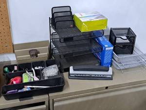 lot 1113 image: Lot of  Office Supplies - Paper File Organizers, Three Hole Punch, Organizer with Push Pins, Tape, White Out, Staples, Misc. Supplies