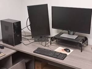 lot 1122 image: Dell Desktop Computer System - Computer Tower, Dell 27 Monitor, Samsung 24 Monitor, Wired Keyboard and Mouse
