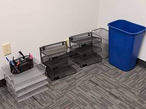 lot 1124 image: Lot of  Office Supplies - File Organizers, Pens, Markers, Wire Waste Basket, Plastic Trash Bin