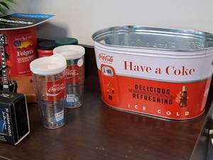 lot 1145 image: Coca-Cola Collectors Set - Metal Pail 16x10x9-12, Two Plastic Cups 8