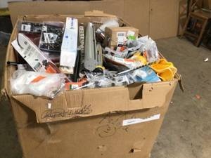 lot 19 image: Gaylord  of assorted  Tools, Hardware, and plumbing Items Various Models and Conditions  Customer Returns See Pictures