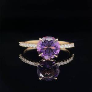lot 23B image: Trendsetting 14k Yellow Gold Ring w. Round Purple Amethyst, Moissanite Hidden Halo