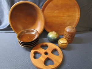 lot 178 image: Wooden Bowls, Holder, Oil Lamp, Stamp Dispenser