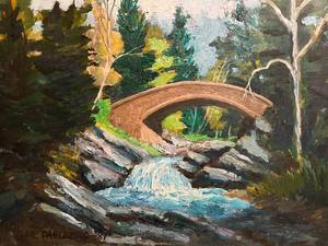 lot 8 image: Framed Waterfall Oil Painting