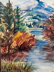 lot 58 image: Original Mountain Landscape Watercolor Framed Painting
