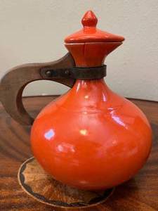 lot 80 image: Orange Ceramic Coffee Pot, Wood Basket