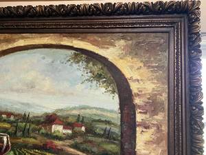 lot 93 image: Framed Oil Painting Wine & Cheese at the Vinery