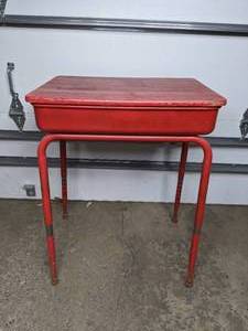 lot 95 image: Antique Childs School Desk, Red, Metal & Wood